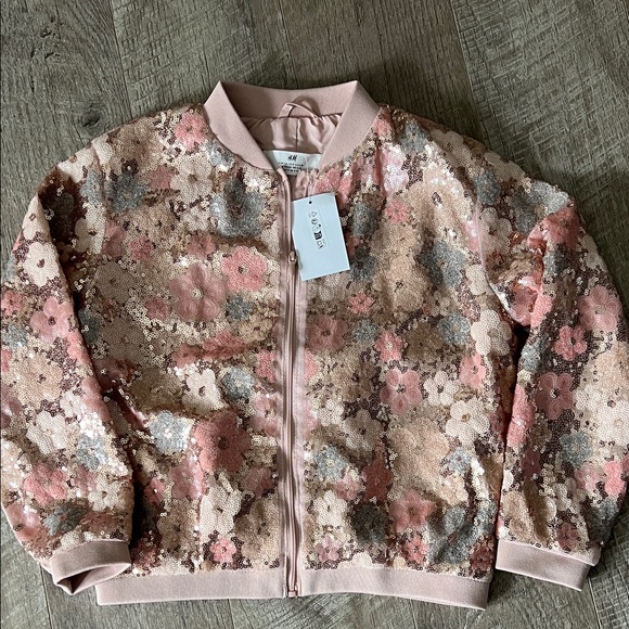 H&M Pink Floral Sequin Jacket with matching hair band 8-9 years old